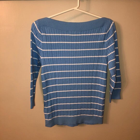LAUREN RALPH LAUREN SMALL LIGHT BLUE WHITE STRIPE BOAT NECK COTTON SWEATER - Picture 3 of 6